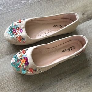 Nude Suede Flats with Colorful sequin/beaded decor